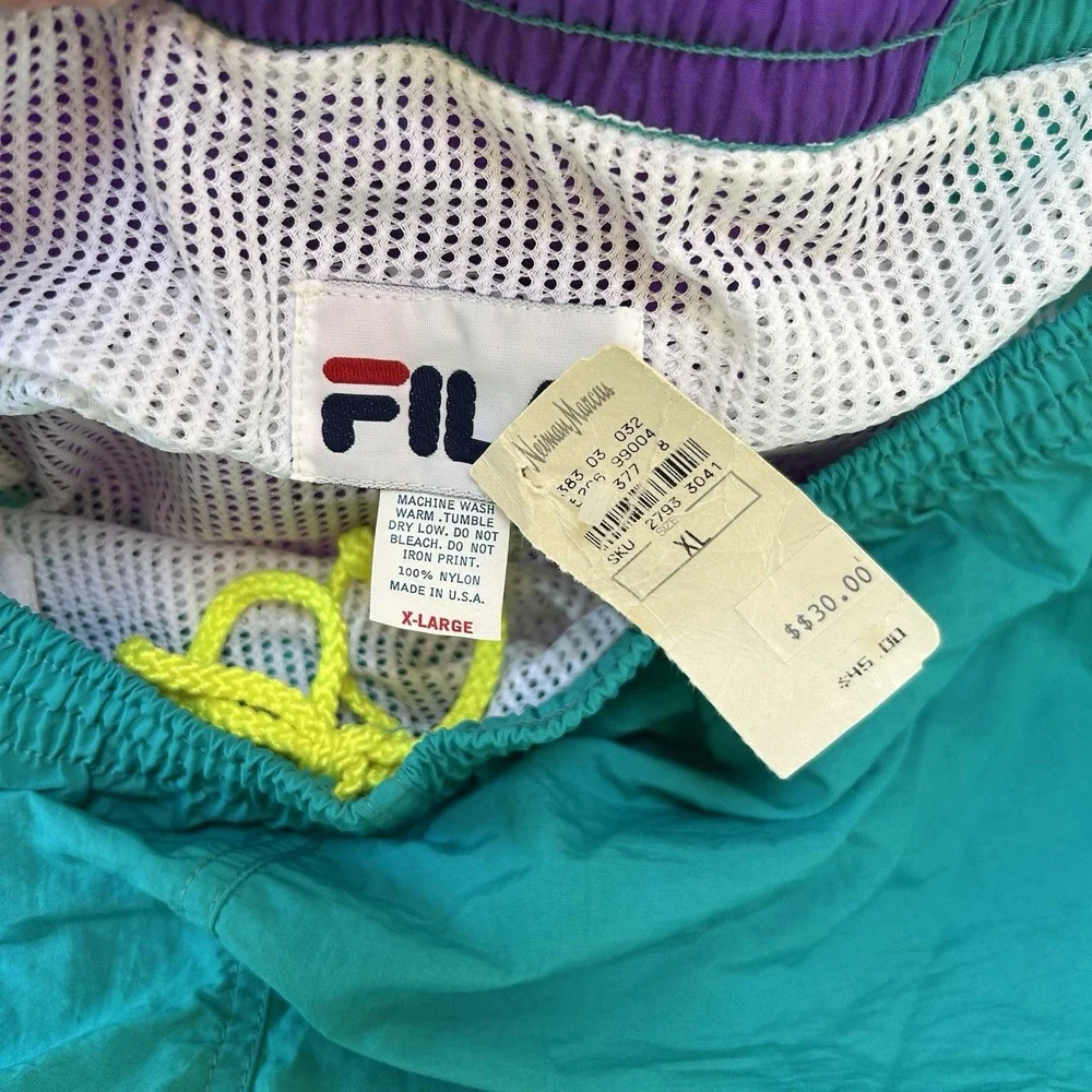 VINTAGE Fila Swim Trunks Mens XL Green Purple 80s Beach Volleyball USA Made READ
